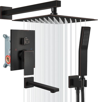 gotonovo Bathtub Shower Faucet Set, 12 Inch Shower Head, Oil Rubbed Bronze | Wall Mounted Shower System with Tub Spout for Bathroom, Square High Pressure Rain Shower head with Handheld Spray, All Metal