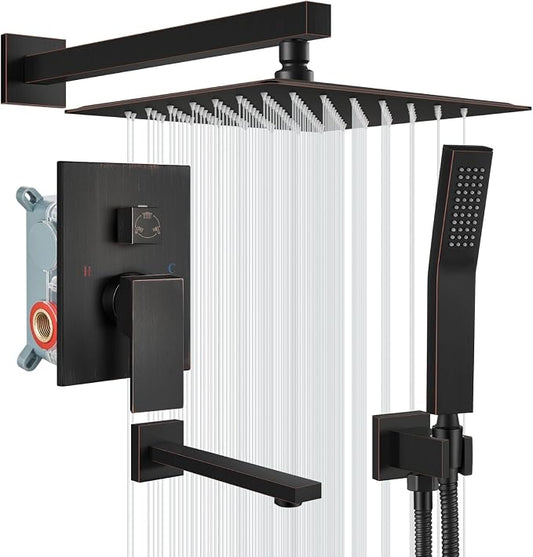 gotonovo Bathtub Shower Faucet Set, 12 Inch Shower Head, Oil Rubbed Bronze | Wall Mounted Shower System with Tub Spout for Bathroom, Square High Pressure Rain Shower head with Handheld Spray, All Metal