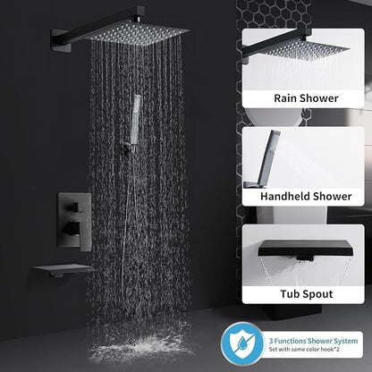 10 Inch Shower Faucet Set, Wall-Mounted Rainfall Shower System with High Pressure Handheld Shower Head, Bathroom Mixer Shower Set Rough-in Valve and Trim Kit, with Tub Spout, Black
