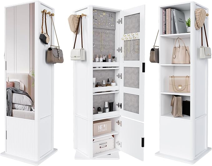 360° Rotating Jewelry Cabinet, 66.5" Standing Jewelry Armoire with Full-Length Mirror + Hidden Storage + 4-Tier Shelf + Coat Racks, Multi-Functional Jewelry Organizer for Bedroom, Entryway