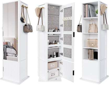 360° Rotating Jewelry Cabinet, 66.5" Standing Jewelry Armoire with Full-Length Mirror + Hidden Storage + 4-Tier Shelf + Coat Racks, Multi-Functional Jewelry Organizer for Bedroom, Entryway