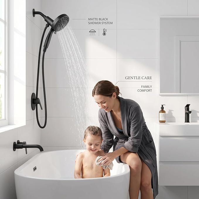 High Pressure Handheld Shower Head Matte Black- Anti-clog Nozzles, Built-in Power Wash to Clean Tub, Wall & Overhead Brackets,Magnetitc Rainfall Showerhead hand held