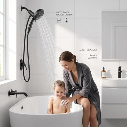 High Pressure Handheld Shower Head Matte Black- Anti-clog Nozzles, Built-in Power Wash to Clean Tub, Wall & Overhead Brackets,Magnetitc Rainfall Showerhead hand held