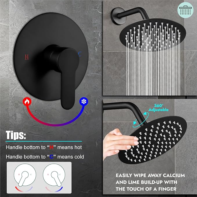 Heyalan 8-Inch Round Rain Shower Faucet Set with Valve, Matte Black | SUS304 stainless steel shower head, brass rough-in valve, single-handle control, 1.8 GPM, ideal for bathroom remodels