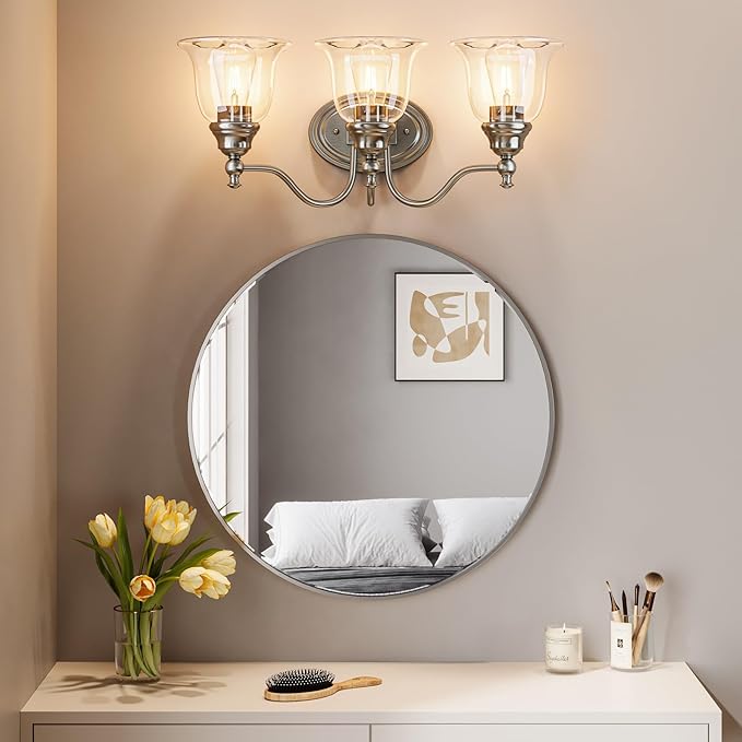 Tribesigns 3-Light Bathroom Light Fixtures, Modern Vanity Light with Clear Glass Shade, Bathroom Wall Lamp for Mirror Living Room Kitchen Hallway Porch, E26 Base, Bulbs Not Included (Silver)