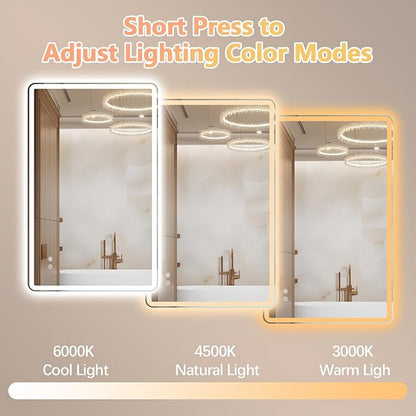Niccy Rectangle LED Bathroom Mirrors, Vanity Mirror with Lights, 30"x48" | Frameless Lighted Mirror for Bedroom Living Room, 3 Colors & Stepless Dimmable Anti-Fog Memory Function, Horizontal/Vertical