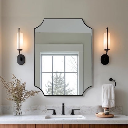 Bathroom Mirror for Over Sink, 24x32 Inch Black Vanity Mirror, Scalloped Mirrors for Bathroom, Modern Wall Mirror with Aesthetic Scalloped Corner Design, Wall Mount Vertical or Horizontal
