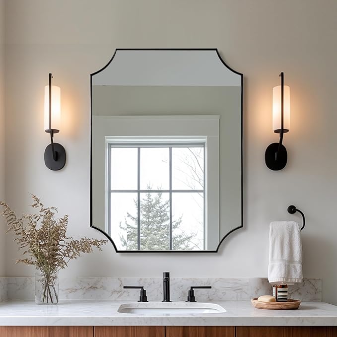 22"x30" Matte Black Mirror for Bathroom Sink | Scalloped Mirror for Bathroom, Unique Rectangle Mirror in Premium Stainless Steel Frame, Deep 1", Ideal for Bathroom Remodel
