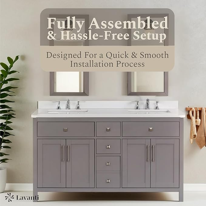 Lavanti Oakford 60 Inch Bathroom Vanity with Sink – Stylish Gray Vanity Bathroom with Storage Cabinet – Modern Bathroom Vanities with Double Vanity Sink & Quartz Countertop