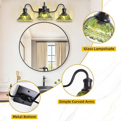 Vintage Vanity Lights 3-Light, Black Bathroom Lights with Green Shade, Glass Bathroom Light Fixtures Over Mirror, Farmhouse Wall Sconce for Bathroom, Vanity Table, Entryway, Hallway