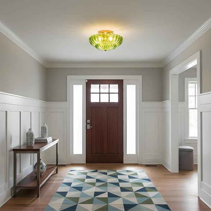 Green Glass Semi Flush Mount Ceiling Light Fixture,11.8 in,3-Lights | Flower Shape,Round Gold Base,Use E26 Bulb,Support Dimmable,for Hallway,Bedroom,Bathroom,Foyer,Closet,Entryway,Laundry Room
