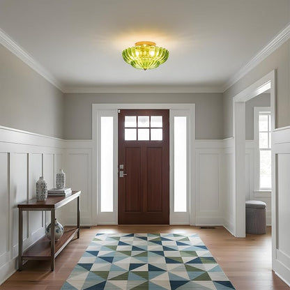 Green Glass Semi Flush Mount Ceiling Light Fixture,11.8 in,3-Lights | Flower Shape,Round Gold Base,Use E26 Bulb,Support Dimmable,for Hallway,Bedroom,Bathroom,Foyer,Closet,Entryway,Laundry Room