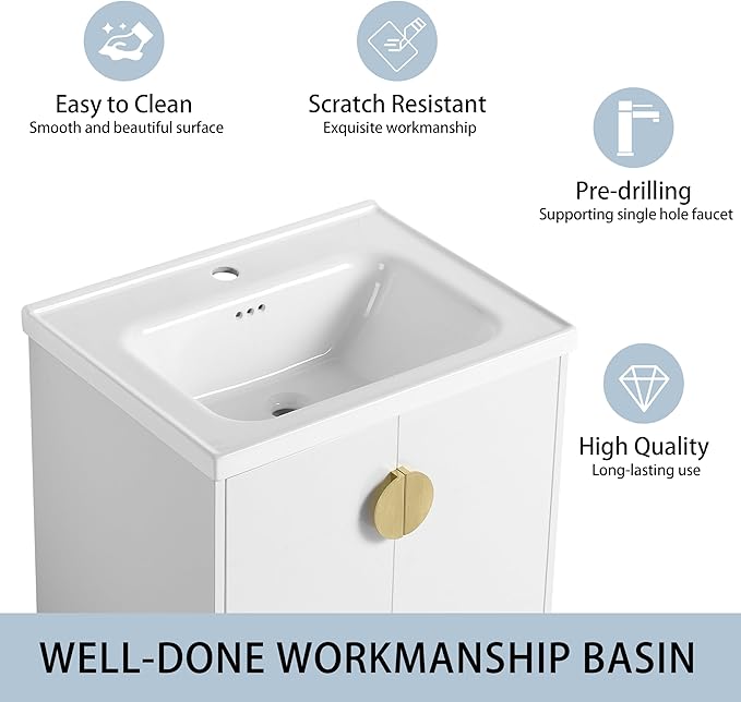 24 Inch Floating Vanity, 24" Bathroom Vanity with Sink, Single Sink Wall Mounted Vanity Combo, Modern Wall Mounted Cabinet Set with Ceramic Sink,White