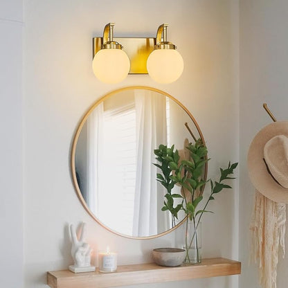 2 Lights Bathroom Vanity Light Fixtures Modern Gold Vanity Light with Milk White Glass Globe Shade Bathroom Lighting Over Mirror Wall Sconce for Bedroom Living Room Hallway