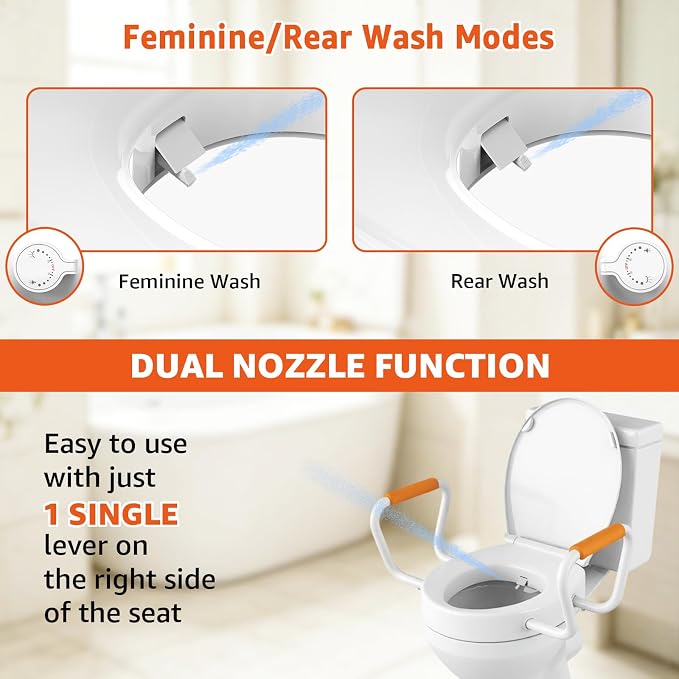 Huttdmel Round Bidet Toilet Seat with Handles, 2.8" Elevated Toilet Seat Riser, Soft Close, Quick Release, Non-Slip, No-Electric Wash, Adjustable Spray for Seniors, Elderly & Disabled,White