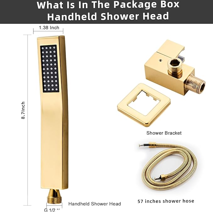 Handheld Shower Head，High Pressure Brushed Gold Shower Head,Water Saving Detachable Shower Wand with Solid Brass Body and 5 ft Flexible Hose, Easy to Clean and Durable