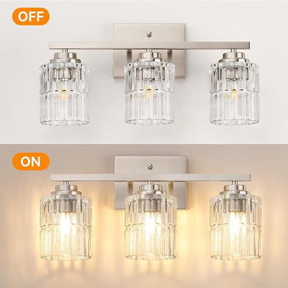 TALOYA Nickel 3Light Bathroom Vanity Light with Fluted Cylinder Glass Shade | Modern Vanity Lighting Fixtures, Bathroom Lights Over Mirror, Wall Mount Mirror Light Fixtures for Bathroom Hallway Bedroom