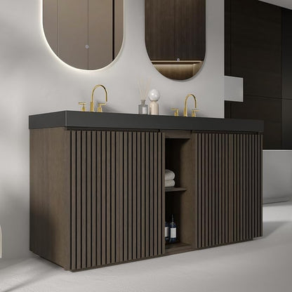 60 Inch Bathroom Vanity with Double Sink, Freestanding Double Sink Bathroom Vanity with Black Engineered Stone Top, Open Storage Cabinet & Adjustable Shelf, Smoked Oak Brown (3 Holes)