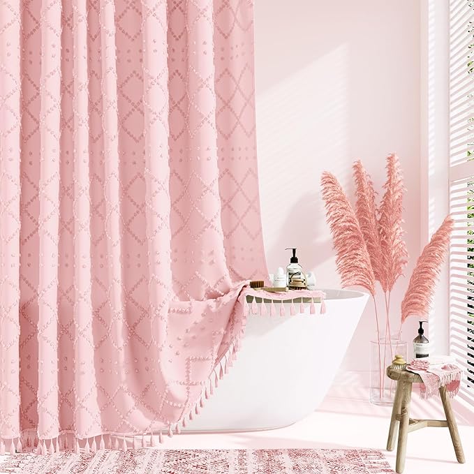 Extra Long Boho Fabric Shower Curtain Tufted Geometric 72x84 Pink | 84 Inch Tall, Elegant Tassel, Lightweight Textured Fabric, Water Repellent, Washable, Hotel Spa, for Bathroom/Dorm 12 Hooks
