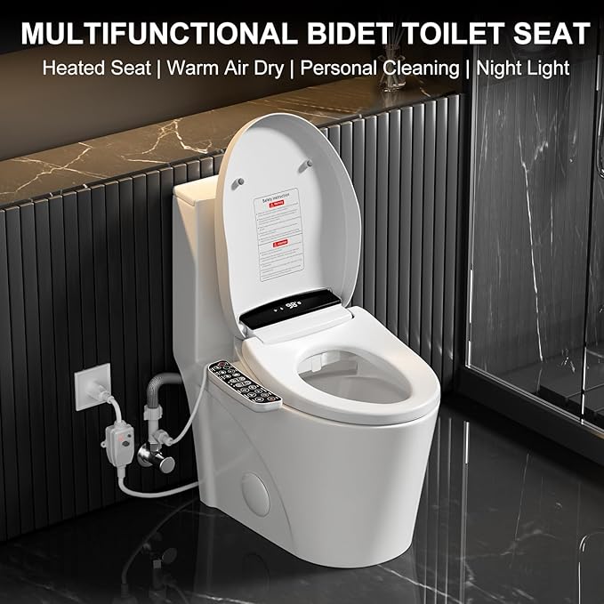 LOUPUSUO Electric Heated Bidet Toilet Seat with Warm Water Wash | Heated Seat, Warm Air Dryer, Soft Closed Lid, Night Light,Toilet Seat with LED Display and Multiple Cleaning Modes