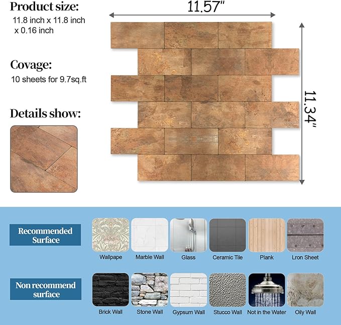 2026 New Upgrade Peel and Stick Backsplash Tile, Peel and Stick 11.34" X 11.57" Wall Tile for Kitchen, Bathroom, Fireplace, Laundry (Copper Metal, 10 Packs)
