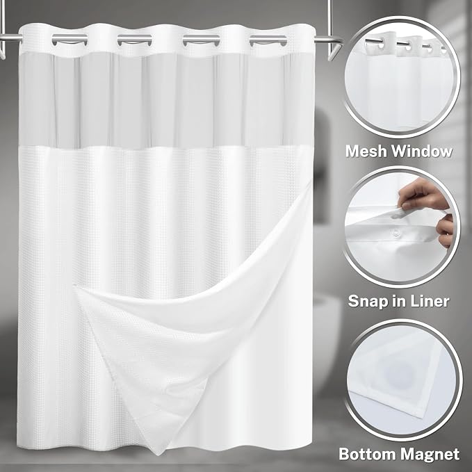 SORTTO No Hook Shower Curtain with Snap in Liner Set Waffle Shower Curtain for Bathroom Hotel Style Fabric Waterproof Inner Liner，54" W x 74" H, White
