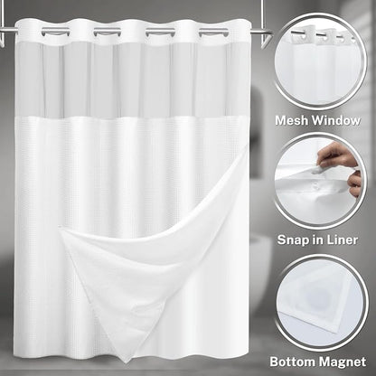 SORTTO No Hook Shower Curtain with Snap in Liner Set Waffle Shower Curtain for Bathroom Hotel Style Fabric Waterproof Inner Liner，48" W x 74" H, White