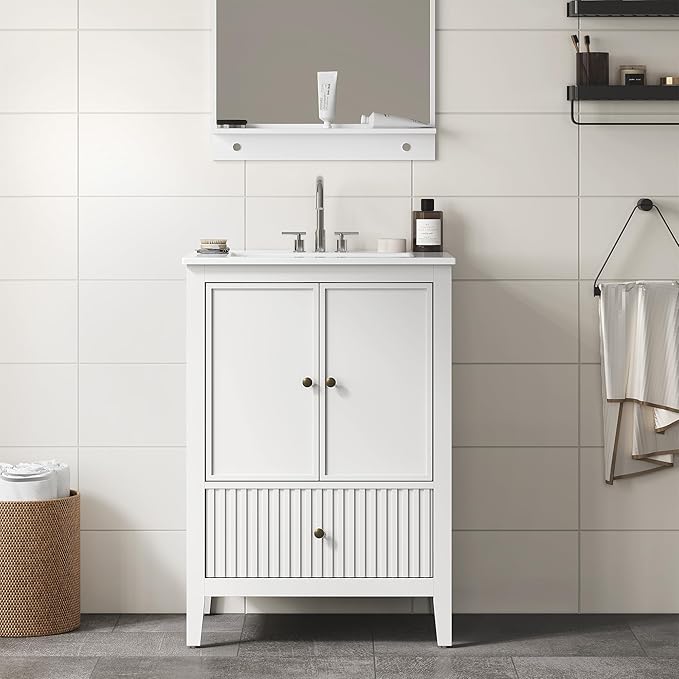 RoyalCraft 24'' Bathroom Vanity with Ceramic Sink Combo Set, Modern Wood Bathroom Cabinet with Soft Closing Doors and Fluted Drawer, Free Standing Storage Cabinet, White