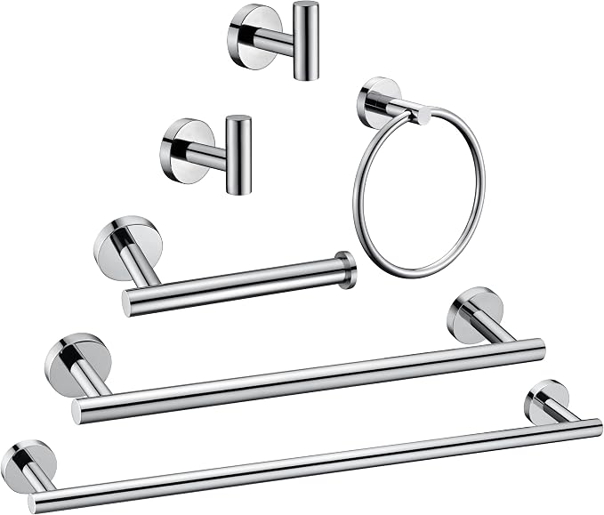 6 Pieces Polished Chrome Bathroom Hardware Accessories Set Hand Towel Ring 16&23.6 inch Round Towel Bar Toilet Paper Holder Towel Hooks 2 Pieces SUS 304 Stainless Steel,Heavy Duty,Wall Mounted