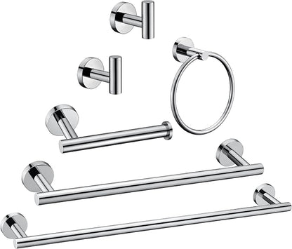 6 Pieces Polished Chrome Bathroom Hardware Accessories Set Hand Towel Ring 16&23.6 inch Round Towel Bar Toilet Paper Holder Towel Hooks 2 Pieces SUS 304 Stainless Steel,Heavy Duty,Wall Mounted