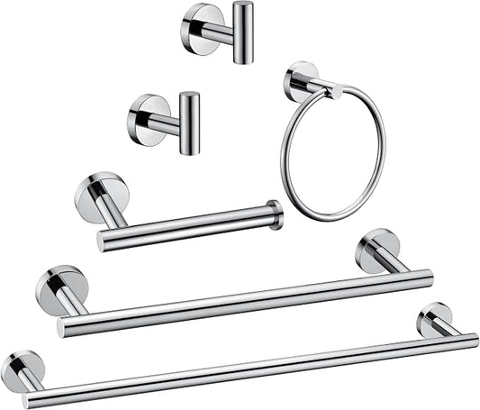 6 Pieces Polished Chrome Bathroom Hardware Accessories Set Hand Towel Ring 16&23.6 inch Round Towel Bar Toilet Paper Holder Towel Hooks 2 Pieces SUS 304 Stainless Steel,Heavy Duty,Wall Mounted