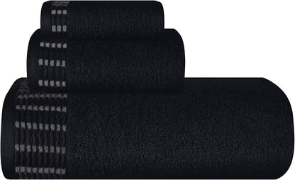 Ultra Soft 3 Pack Cotton Towel Set, Contains a Bath Towels 28x55 inch, a Hand Towels 16x24 inch & a Wash Cloths 12x12 inch, Ideal Everyday use, Compact & Lightweight - Black