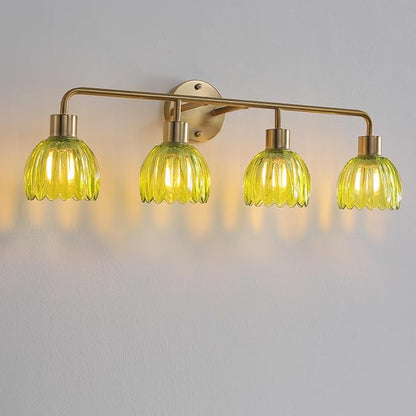 4-Light Gold Brass Bathroom Light Fixture,Wall Sconces,Brushed Gold Vanlity Light Over Mirror,Bathroom Vanity Light with Green Glass Flower Shade,E26 Socket(Bulbs Not Included)