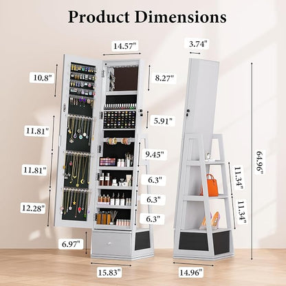 Jewelry Armoire with Drawer and LED Lights, White | Rotatable Jewelry Cabinet with Full Length Mirror, Lockable, 3 Rear Shelves, Jewelry Organizer with Storage for Women, Girl