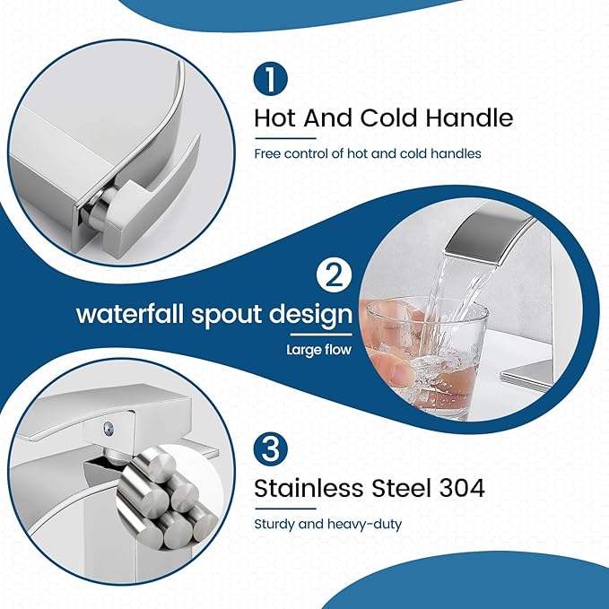 Airuida Chrome Polish Waterfall Spout Bathroom Faucet Single Handle Single Hole Bathroom Sink Faucet 1 or 3 Holes Rv Lavatory Vanity Faucet Basin Mixer Tap with Deck Plate and Supply Lines