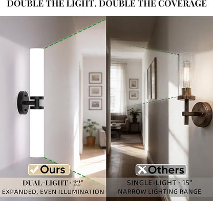 Wall Sconces Set of 2 Hardwired Bathroom Light Fixtures E26 Base | Matte Black, 22Inch, Modern Vanity Wall Lighting with Milky White Glass Shade, for Mirror Hallway Bedroom Living Room TV Wall