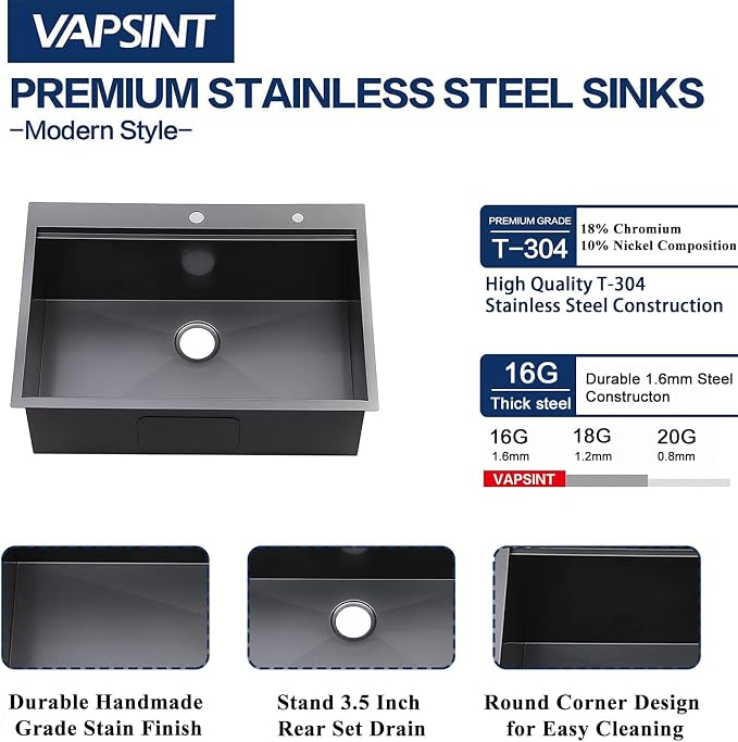 33x22 Inch Black Drop In Kitchen Sink - VAPSINT 33 Inch Top Mount Single Bowl 9 Inch Deep Handmade Workstation Sink in Gunmetal Stainless Steel with Cutting Board & Strainer
