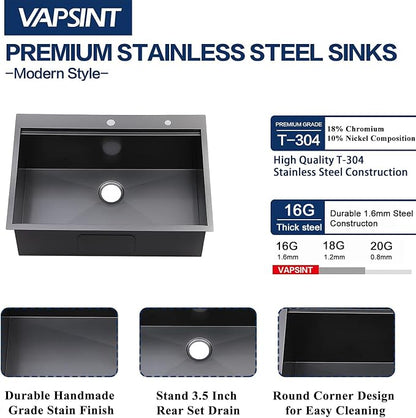 33x22 Inch Black Drop In Kitchen Sink - VAPSINT 33 Inch Top Mount Single Bowl 9 Inch Deep Handmade Workstation Sink in Gunmetal Stainless Steel with Cutting Board & Strainer