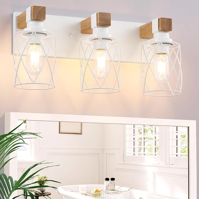 Farmhouse 3-Light Wood Bathroom Vanity Light, White Metal Cage Shade | Mounted Over Mirror, Industrial Rustic Style, Ideal for Bathroom, Bedroom, Hallway & Living Room, Easy To Install