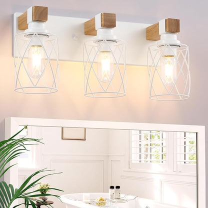 Farmhouse 3-Light Wood Bathroom Vanity Light, White Metal Cage Shade | Mounted Over Mirror, Industrial Rustic Style, Ideal for Bathroom, Bedroom, Hallway & Living Room, Easy To Install