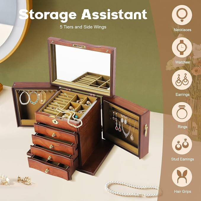 Wood Jewelry Box with 4 Drawers, Desktop Jewelry Organizer with Built-in Mirror & Combo Lock, Large Jewelry Storage Display Case for Necklace Ring Bracelet Watch, Brown