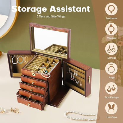 Wood Jewelry Box with 4 Drawers, Desktop Jewelry Organizer with Built-in Mirror & Combo Lock, Large Jewelry Storage Display Case for Necklace Ring Bracelet Watch, Brown