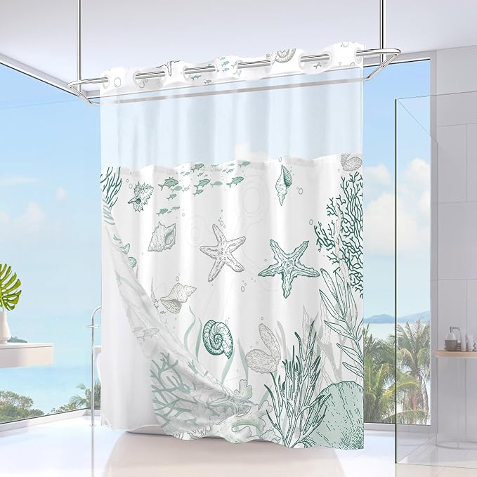 No Hook Shower Curtain and Liner Set, Green Beach Coastal 71x74 | Nautical Ocean for Bathroom, with Snap in Liner Replacement, Mesh Top Window, Waterproof, Machine Washable, Quick-Drying
