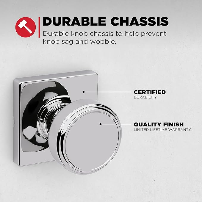 Kwikset Maven Interior Passage Door Knob, Square Handle for Closet and Hallway Doors, Non-Locking Doorknob in Polished Chrome, with Microban Protection