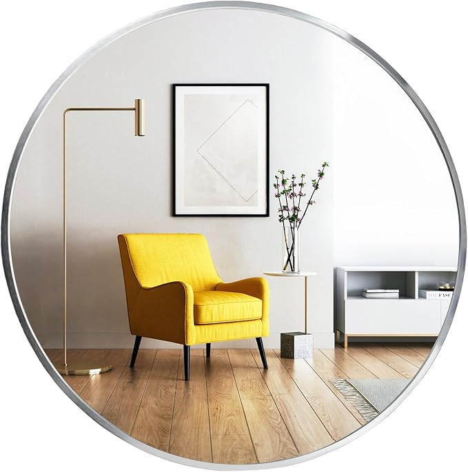 Round Mirror, 24 inch Silver Circle Mirror,Bruhsed Nickel Metal Frame | High Definition,Waterproof,Rust-resistant, Round Mounted Mirrors for Bathroom,Living Room,Bedroom,Hallyway,Vanity,Wall Décor