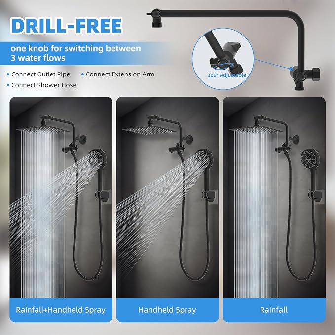 8" Metal Rainfall Shower Head with 10-Mode Handheld, Matte Black | NSF/ANSI/CAN 372 Certified, High Pressure Showerhead Combo with 11" Adjustable Shower Arm, 71" Hose, Shower Head Holder