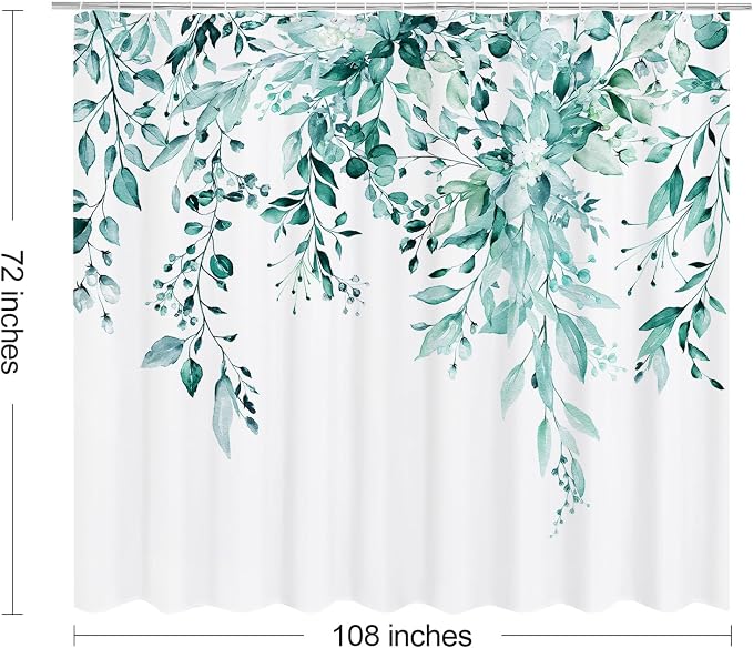 Teal Eucalyptus Shower Curtain, Watercolor Floral Print, 108x72 | Watercolor Plant Leaves Floral Print, Extra Wide Waterproof Fabric Bathroom Decor, Machine Washable, Rustproof Grommets
