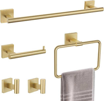 Gold Towel Bar Set 5-Piece Brushed Gold Bathroom Hardware Accessories Set Include 23.6in Towel Bar Toilet Paper Holder Towel Ring Towel Hooks,Stainless Steel Towel Holder Set Wall-Mounted
