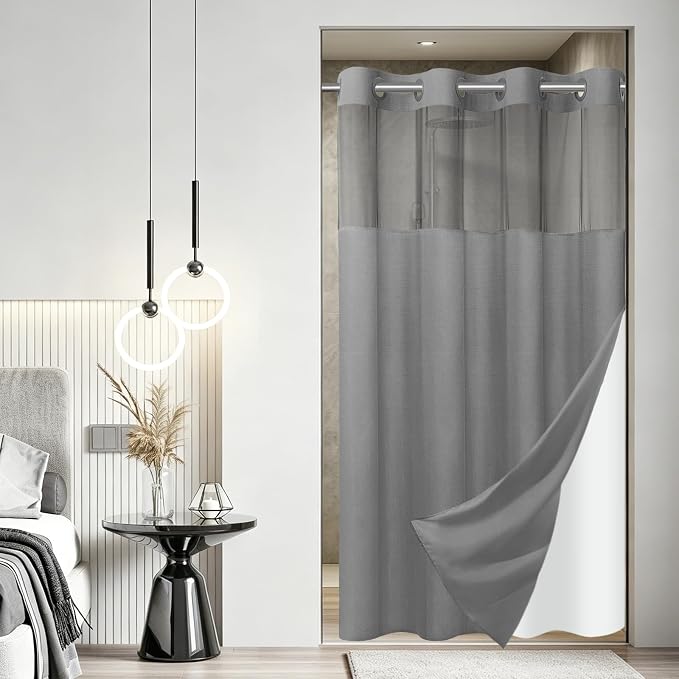 SORTTO No Hook Slub Shower Curtain with Liner, 60x74, Grey | Snap in Liner, 3 in 1, Bamboo Texture, Hotel Style, Waterproof Fabric, Mesh Top Window, Corner Magnets, Machine Washable