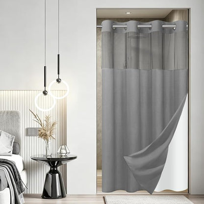 SORTTO No Hook Slub Shower Curtain with Liner, 60x74, Grey | Snap in Liner, 3 in 1, Bamboo Texture, Hotel Style, Waterproof Fabric, Mesh Top Window, Corner Magnets, Machine Washable